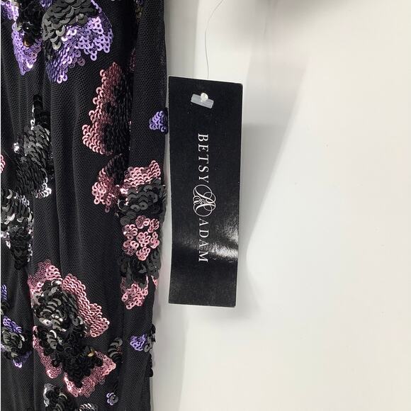 Betsy & Adam Womens 6 Black Floral Sequin Sheath Gown Dress Long Sleeve OS15-11 - Picture 8 of 10